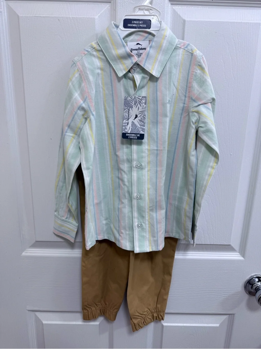 NWT Tommy Bahama Pastel Multistripe Button-Down Shirt w Tan Pants, Size 5